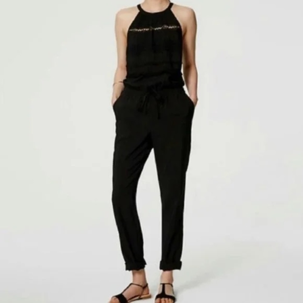 Loft Sleeveless High Neck Jumpsuit Black XSP Fringe Crochet Pompom Trim